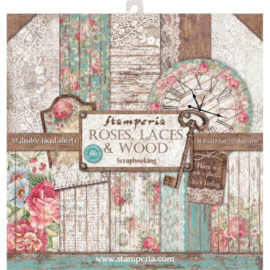 Stamperia Roses, Laces &#x26; Wood Double-Sided Paper Pad, 12&#x27;&#x27; x 12&#x27;&#x27;